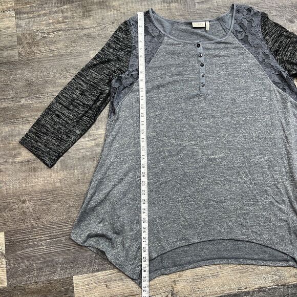 LOGO Lori Goldstein Black Gray 3/4 Sleeve Pockets Color Blocked Lace Size XL - Picture 6 of 10